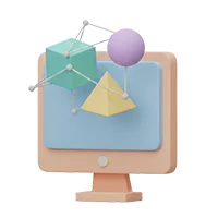 En 3D-illustration af en computerskærm, hvor geometriske former som en terning, kugle og pyramide svæver foran og er forbundet af et digitalt gitter