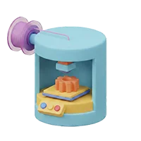 En lyseblå, cylindrisk 3D-printer, der er i gang med at printe et orange tandhjul